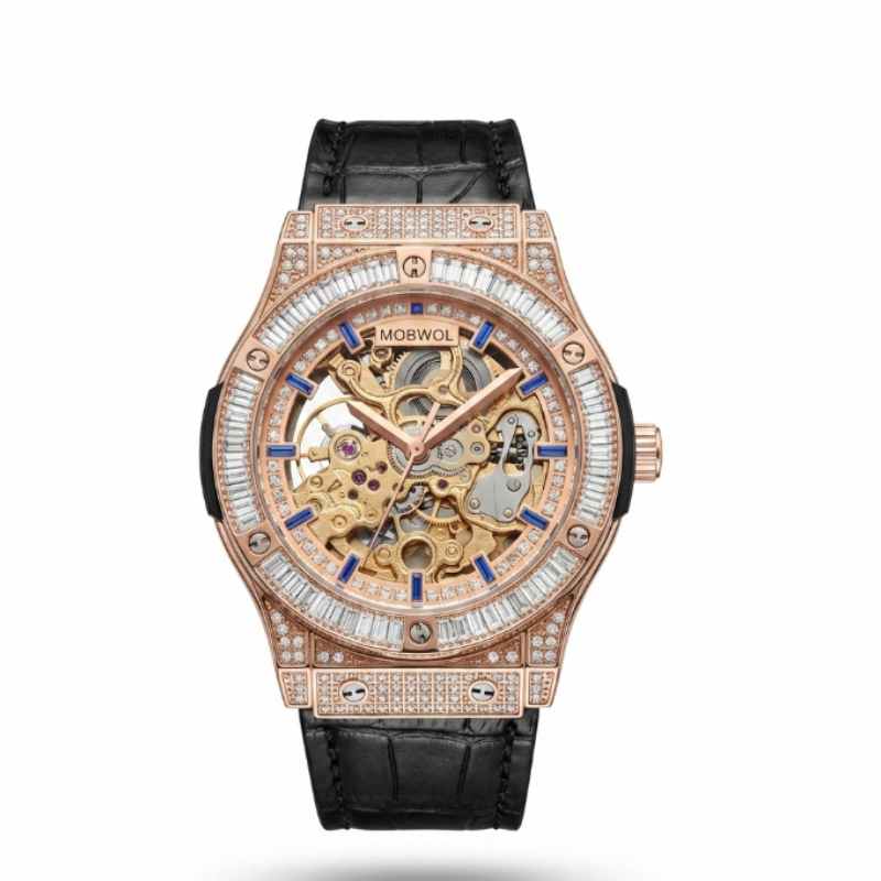 Luxury Watch With Rubber Strap - Reloj mecánico MOBWOL Rose Gold Skeleton,
